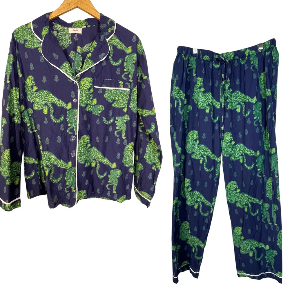 Saatvik Navy Lounge Leopard Print Pajama Set Long Sleeve Pants Women's Sz L